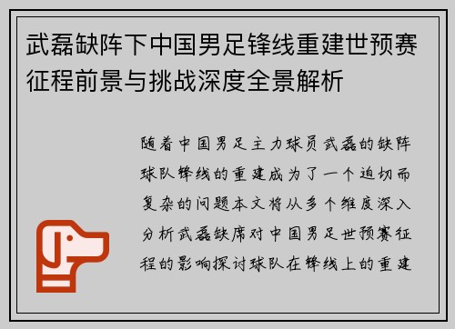 武磊缺阵下中国男足锋线重建世预赛征程前景与挑战深度全景解析